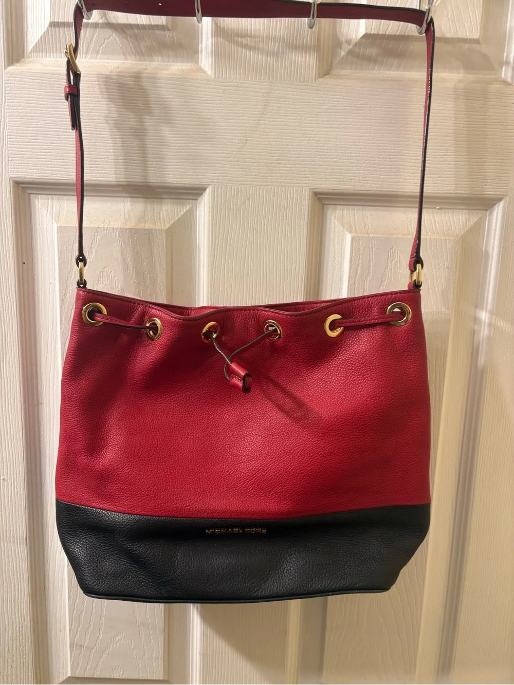 Michael Kors Red and Black Leather Drawstring Shoulder Bag